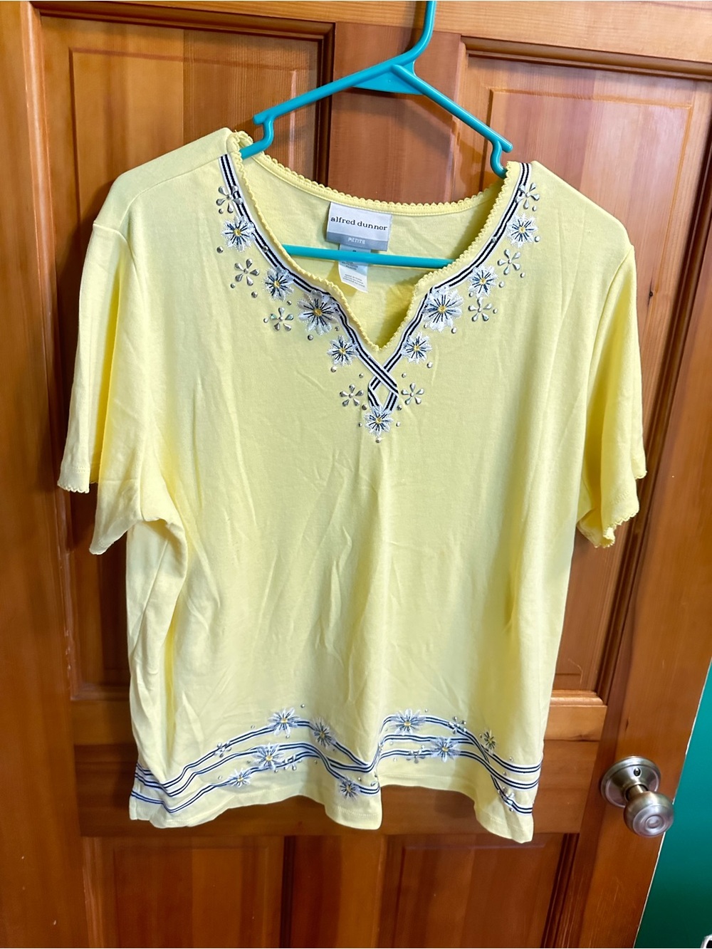 Alfred Dunner Yellow Short-Sleeve Top with Navy Floral Embroidery
